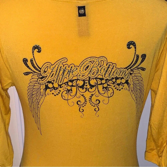 Apple Bottoms Logo Tee T Shirt XL Rhinestone Spell Out Studded  BUTTER YELLOW - Picture 4 of 11